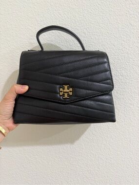 Tory Burch Black Quilted Top-Handle Satchel with Gold Logo